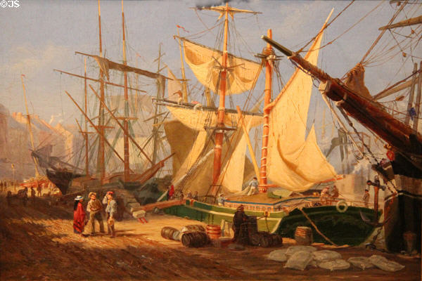 Evening on Wharf, Montreal Harbor painting (1868) by Henry Sandhams at Montreal Museum of Fine Arts. Montreal, QC.