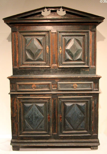 Two-tiered pine buffet (1700-25) from Quebec at Montreal Museum of Fine Arts. Montreal, QC.