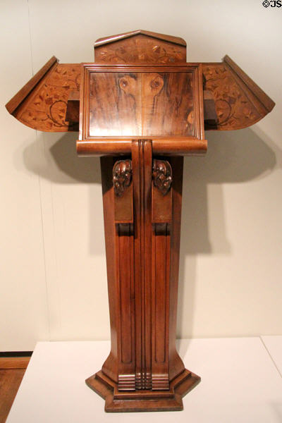 Walnut lectern (1923) by Duilio Cambellotti of Rome at Montreal Museum of Fine Arts. Montreal, QC.