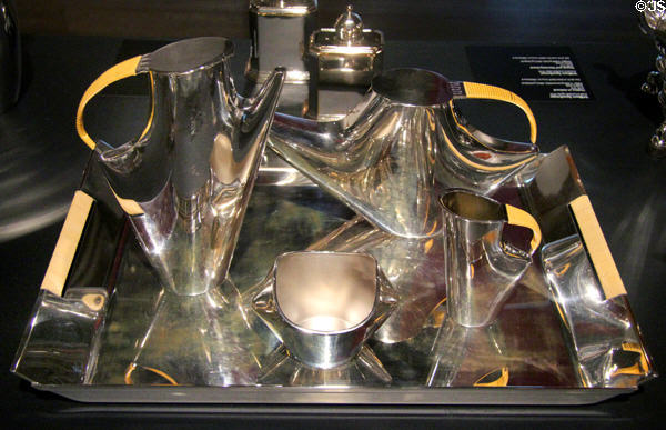 Silver-plated tea & coffee service (1957) by Lino Sabattini of Italy made by Orfèvrerie Christofle of Paris at Montreal Museum of Fine Arts. Montreal, QC.