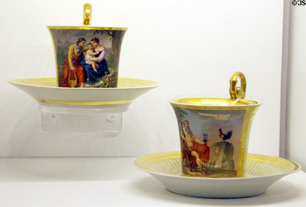 Porcelain cups & saucers (early 19thC) by Royal Imperial Porcelain Factory of Vienna at Montreal Museum of Fine Arts. Montreal, QC.