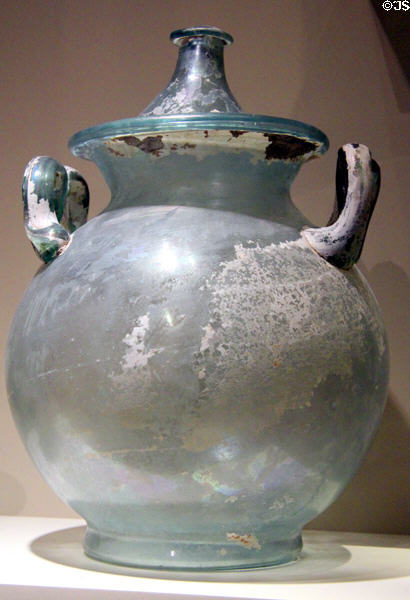 Blown glass cinerary urn (late 1st-2nd C CE) from Roman Empire Germany at Montreal Museum of Fine Arts. Montreal, QC.