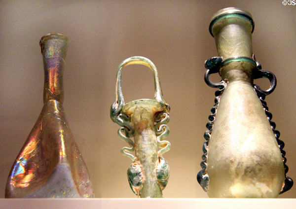 Array of blown glass vessels (2nd-5th C CE) from Roman Empire Syria & Egypt at Montreal Museum of Fine Arts. Montreal, QC.