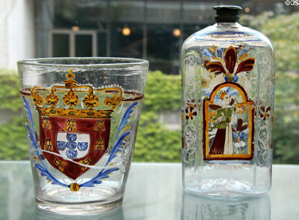 Glass enameled beaker & spirit flask both (c1750) from Southern Germany or Switzerland at Montreal Museum of Fine Arts. Montreal, QC.