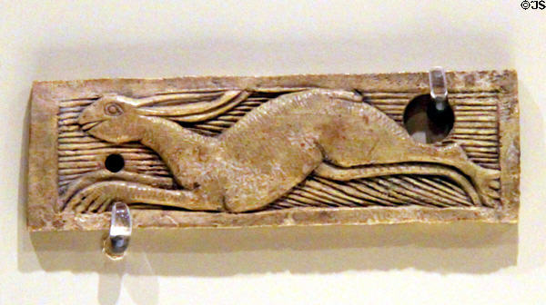 Coptic culture carved plaque of running hare (6thC CE) from Egypt at Montreal Museum of Fine Arts. Montreal, QC.