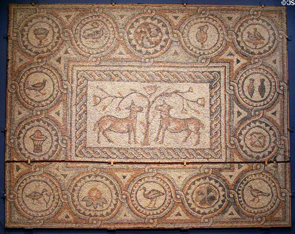 Mosaic floor showing two sheep ringed by birds & vessels typical of early Christian church (5thC CE) from Hama area (ancient Epiphania) in NW Syria at Montreal Museum of Fine Arts. Montreal, QC.