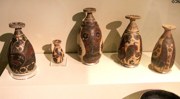 Five Alabastron in Corinthian & Etrurian styles (c600-540 BCE) from Greece & Italy at Montreal Museum of Fine Arts. Montreal, QC.