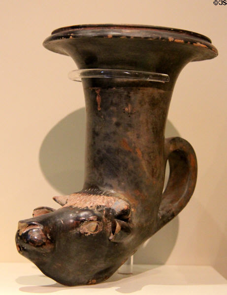 Pottery Rhyton in form of bull's head (300-200 BCE Hellenistic period) from Apulia or Campania, Southern Italy at Montreal Museum of Fine Arts. Montreal, QC.