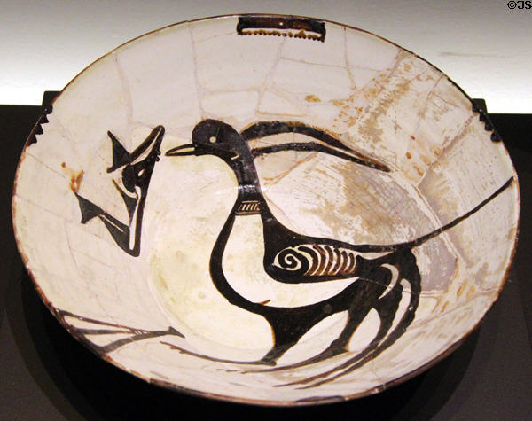 Glazed earthenware bowl with bird (9th-10th C) from Neyshabur, Iran or Samarqand at Montreal Museum of Fine Arts. Montreal, QC.