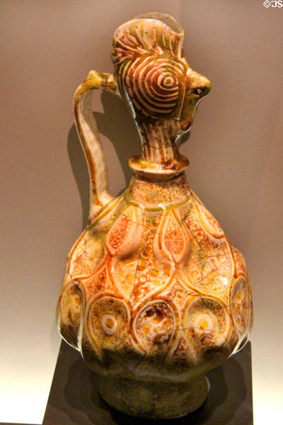 Persian fritware rooter-headed ewer (last quarter 12thC) from Kashan, Iran at Montreal Museum of Fine Arts. Montreal, QC.