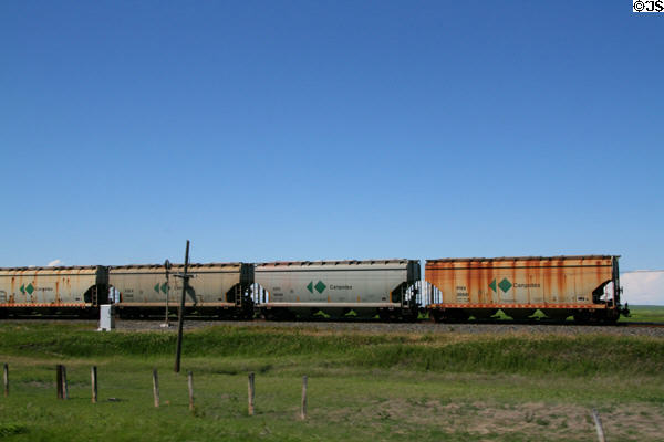 Potash bulk rail cars on Saskatchewan prairie. SK.