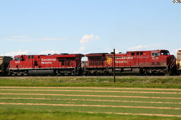 Canadian Pacific diesel locomotives on Saskatchewan prairie. SK.