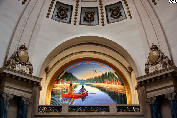 Dome interior with mural Northern Tradition & Transition (2005) by Roger Jerome at Saskatchewan Legislature. Regina, SK.