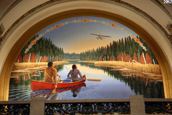 Mural of two canoeists & seaplane Northern Tradition & Transition (2005) by Roger Jerome at Saskatchewan Legislature. Regina, SK.