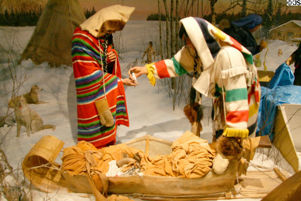 Diorama depicting native Americans trading for goods such as Hudson's Bay Blankets at Royal Saskatchewan Museum. Regina, SK.