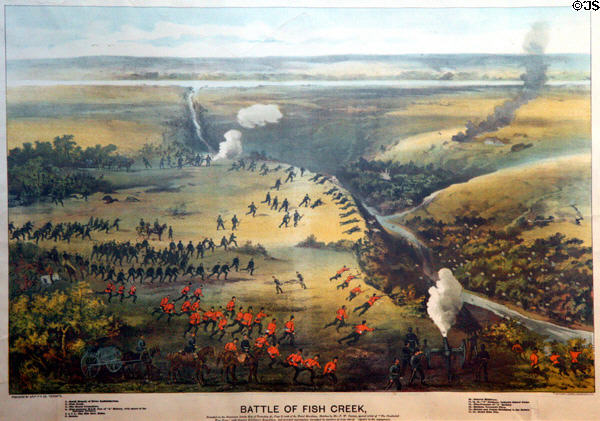 Graphic (c1885) of Battle of Fish Creek by Grip P.P. Co., Toronto, at RCMP Heritage Center. Regina, SK.