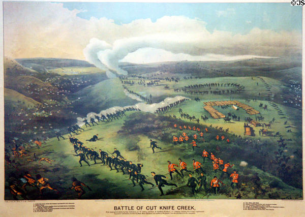 Graphic (c1885) of Battle of Cut Knife Creek by Grip P.P. Co., Toronto, at RCMP Heritage Center. Regina, SK.