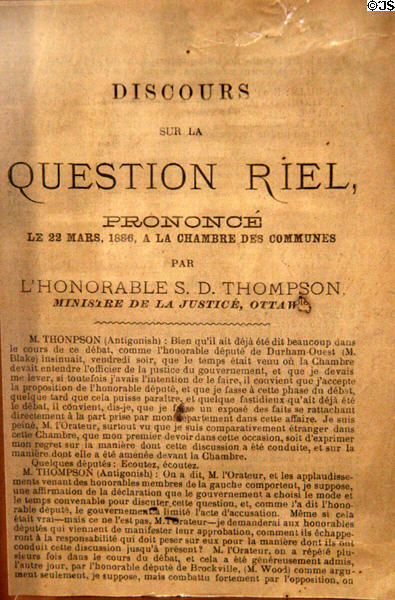 Report of House of Commons (March 22, 1886) debate about execution of Louis Riel at RCMP Heritage Center. Regina, SK.
