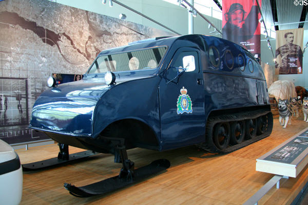 RCMP enclosed multiple-person snowmobile at RCMP Heritage Center. Regina, SK.