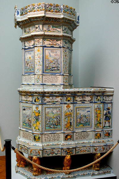 Ceramic heating stove with Germanic paintings & poems (1686) by HHG at Ariana Museum. Geneva, Switzerland.
