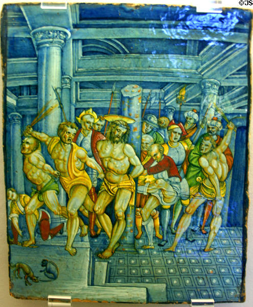 Faience plaque (1529) attrib. Pietro Bergantini of Italy painted with flagellation of Christ scene probably after engraving by Pollaiolo & architecture after graphic by Dürer at Ariana Museum. Geneva, Switzerland.