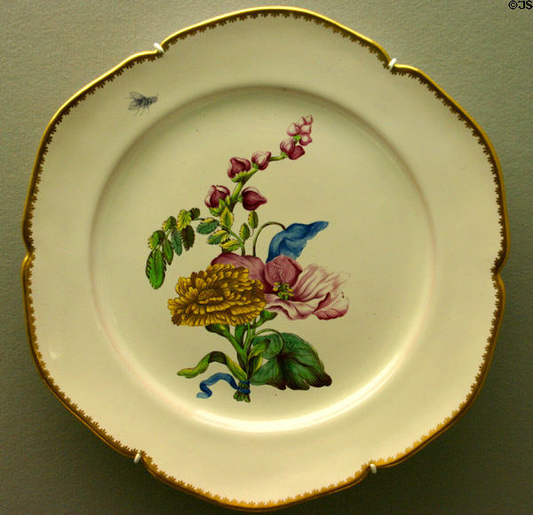 Faience plate with floral painting (c1748-53) by Paul Hannong of Strasbourg, France at Ariana Museum. Geneva, Switzerland.
