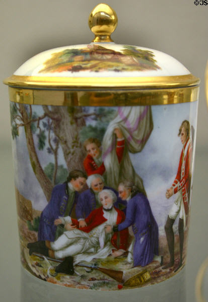 Porcelain covered cup painted with Death of General Wolfe after Benjamn West (1795-1800) from Nyon at Ariana Museum. Geneva, Switzerland.