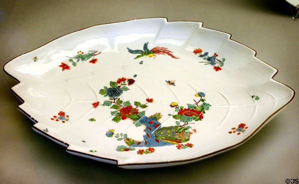 Meissen porcelain plates (c1730) in leaf form with Japanese-style decoration at Ariana Museum. Geneva, Switzerland.