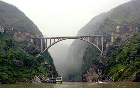 Dragon Gate Bridge on Yangtze River marks entrance to three small gorges. China.