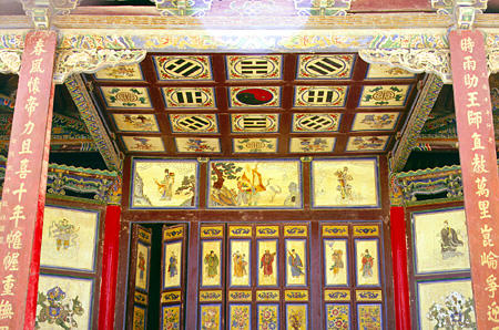 Detailed tiles, walls, and posts inside Jiayuguan Fort. China.
