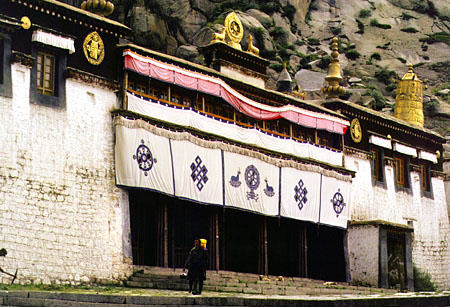 Cloth banners hang from a building in Sera Monastery, Tibet. China.