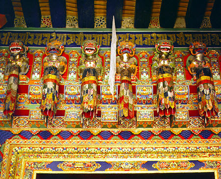 Detail of intricately painted architecture on the Potola Palace, Lhasa, Tibet. China.