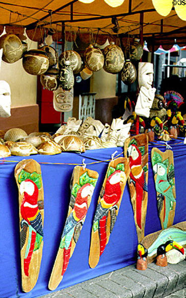 Masks, gourds and other crafts for sale in the craft market in San José. Costa Rica.