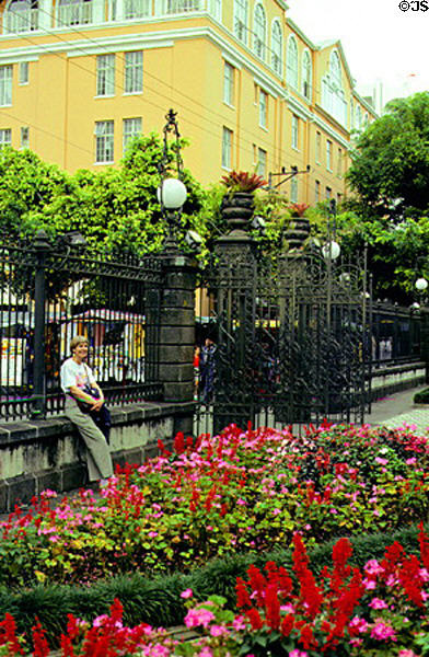 Gardens in front of the gate leading to Teatro Nacional (National Theater) in San José. Costa Rica.