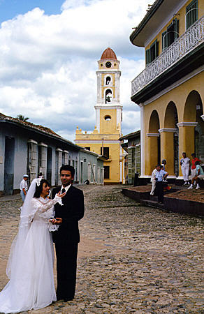 Bridal couple in main square of Trinidad. Cuba.