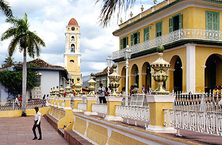 Plaza Mayor with 150ft/45m bell tower of Palacio Viznaya in Trinidad. Cuba.