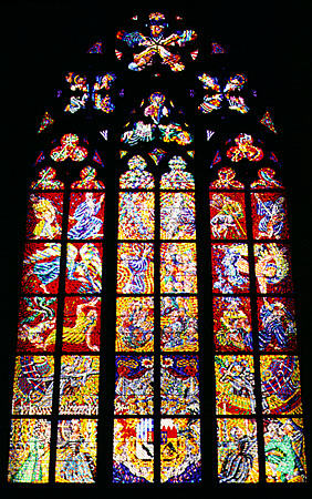 Stained glass window in St Vitus's Cathedral, Prague. Czech Republic.