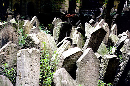 Headstones in Jewish cemetery, Prague. Czech Republic.