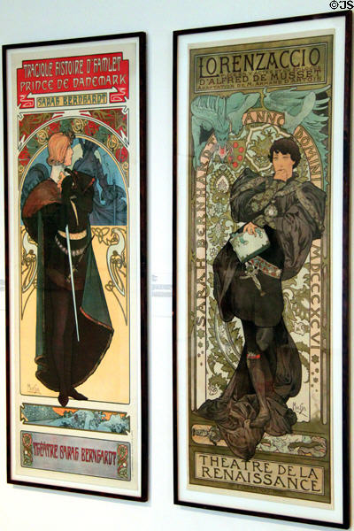 Sarah Bernhardt theater posters for Hamlet (1899) & Lorenzaccio (1896) both by Alphonse Mucha at Mucha Museum. Prague, Czech Republic.