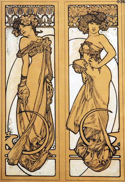 Design of Two Standing Women for decorative document (1902) by Alphonse Mucha at Mucha Museum. Prague, Czech Republic.