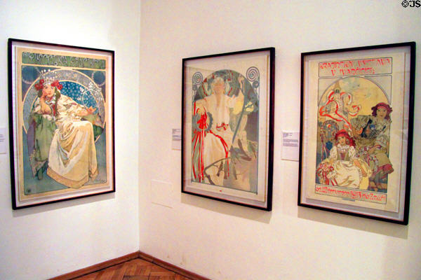 Princess Hyacinth (1919), Prague Spring Festival (1914) & Landscape Exhibition (1912) posters by Alphonse Mucha at Mucha Museum. Prague, Czech Republic.