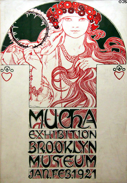 Mucha Exhibition at Brooklyn Museum poster design (1921) by Alphonse Mucha at Mucha Museum. Prague, Czech Republic.