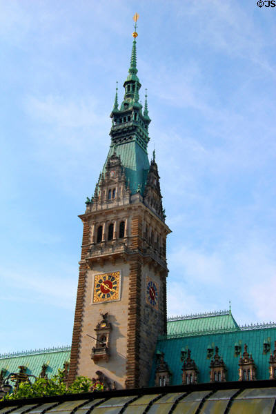 Clock tower of Hamburg City Hall. Hamburg, Germany.