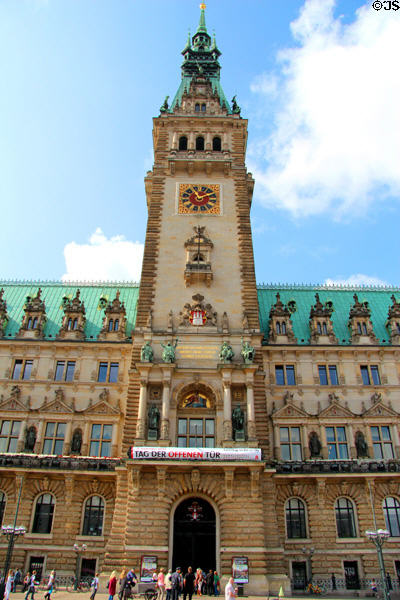 Hamburg City Hall with mosaic of Hammonia, Hamburg's Patron Goddess & city's coat-of-arms above entrance. Hamburg, Germany.