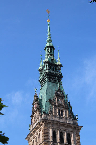 Upper tower & spire of Hamburg City Hall. Hamburg, Germany.