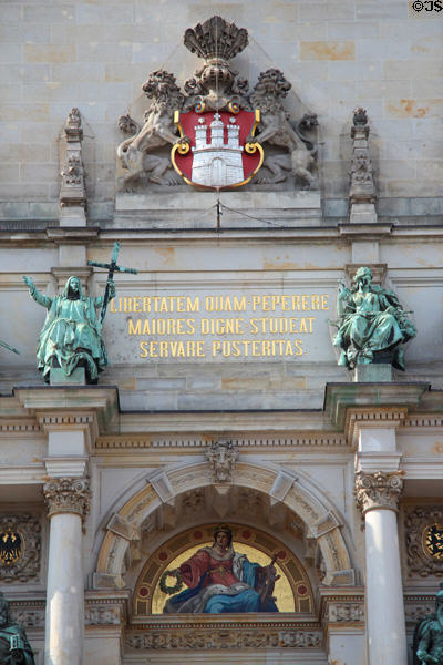 Latin inscription over entrance to Hamburg City Hall admonishing people to strive to preserve liberty which their ancestors have created. Hamburg, Germany.