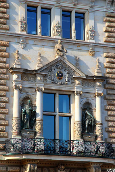 Statues of early Hamburg rulers surrounding window at Hamburg City Hall. Hamburg, Germany.