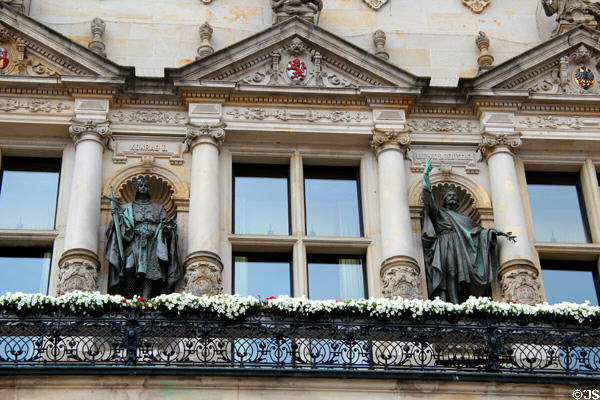 Statues of early rulers, Konrad II, Ludwig D. Deutsche, at Hamburg City Hall. Hamburg, Germany.