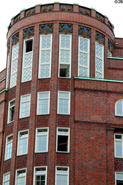 Brick corner tower of Hamburg Finance Authority building (1926) at Gänsemarkt. Hamburg, Germany.