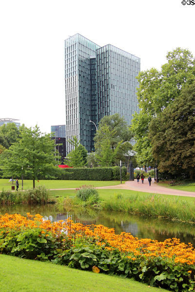 Planten un Blomen park with modern highrises beyond. Hamburg, Germany.